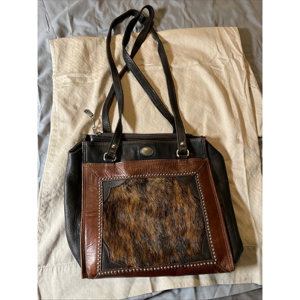 American West Genuine Leather Womens Handbag Purse Cowhide Pattern Studded Clean